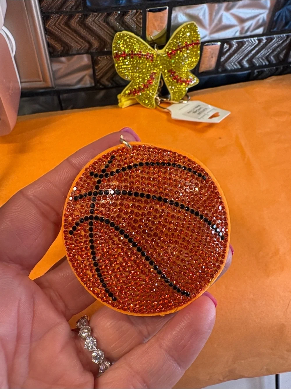 Crystal Basketball Keychain Key & Card Holder - Orange